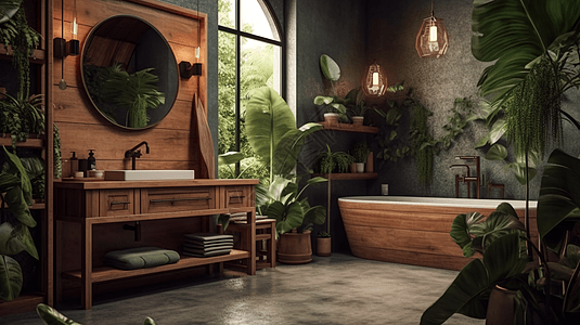度假胜地室外丛林度假胜地中植物丰富的浴室设计图片