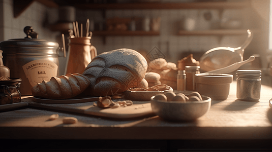 逆光下厨房制作面包场景的3D图片
