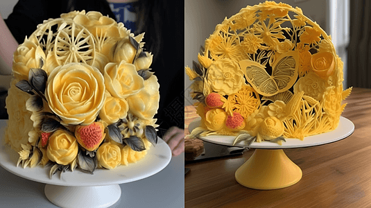 3D立体黄色裱花蛋糕艺术品图片