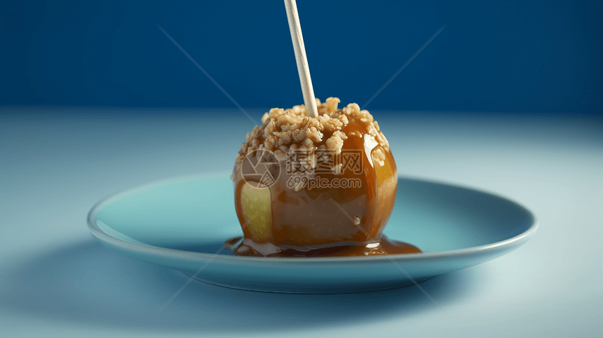 焦糖涂层苹果的特写图片
