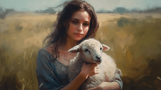 草地上的女人和羊图片