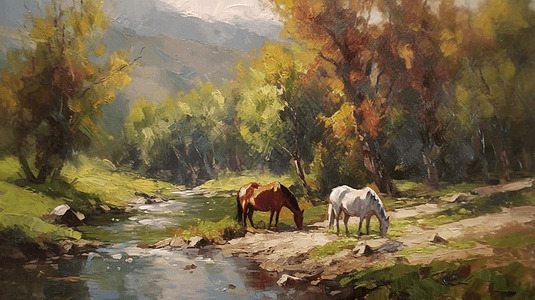 河边吃草的马背景图片