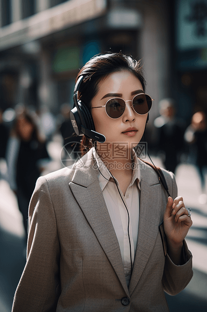 年轻女商人戴着耳机走在街上人群中图片