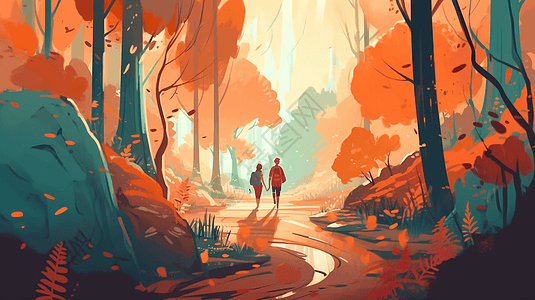 夫妇在森林散步图片
