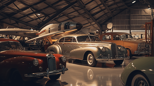 老式汽车和飞机的展览图片