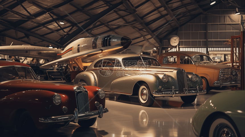 老式汽车和飞机的展览图片