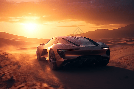 未来派汽车驶过美丽的沙漠景观图片