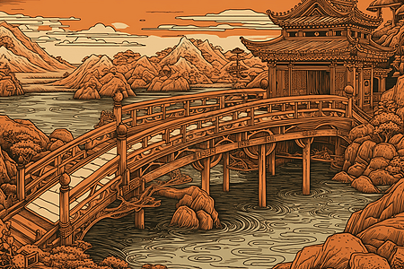 浮世绘中国木桥图片