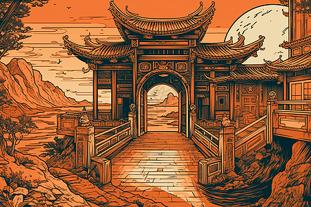 版画风格中国风拱门插图高清图片