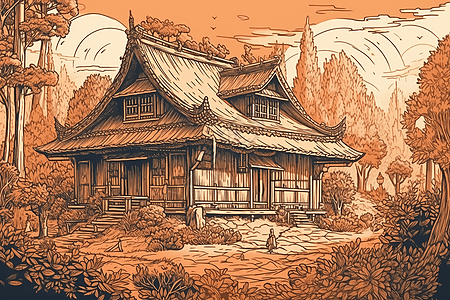 版画风格中国茅草屋复杂插图背景图片