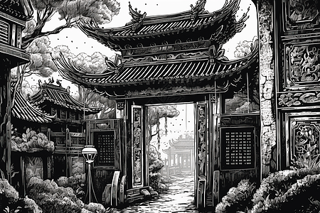 寺庙大门复杂的中国大门笔墨插画