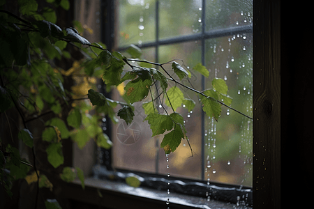 窗外的小雨树枝嫩芽高清图片