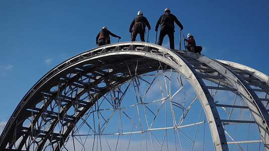 工人在高空组装钢拱桥图片