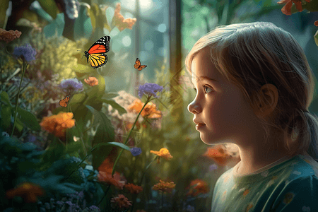 小女孩在花园里看蝴蝶背景图片