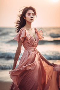 女性超模穿着粉红色连衣裙落日照图片