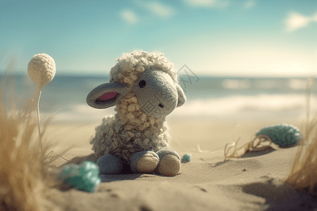 羊毛毡小羊海滩照图片