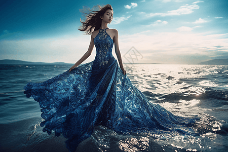 女性超模穿着蓝色连衣裙海边大片背景图片
