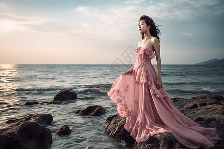 女性超模连衣裙海边照图片