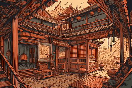 浮世绘风格中国木质阁楼图片