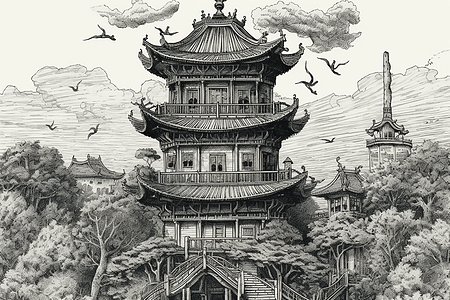 中国塔绘画图片