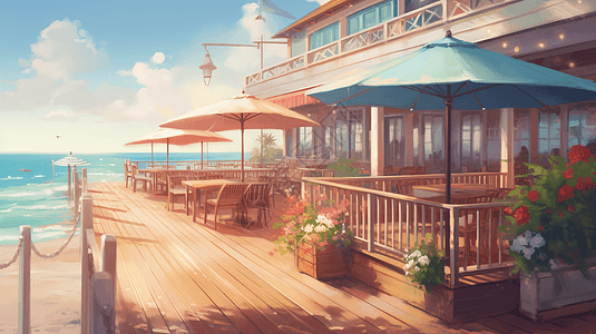 蓝天下的海滨咖啡馆图片