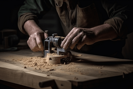 木工在一块木头上形成弯曲的切口图片