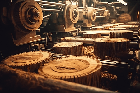 木刻机械和成堆的原木图片