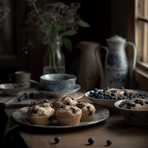 舒适的厨房里配有一盘新鲜的蓝莓松饼和一壶茶。图片