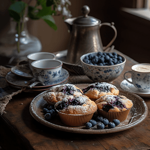 一盘新鲜的蓝莓松饼图片