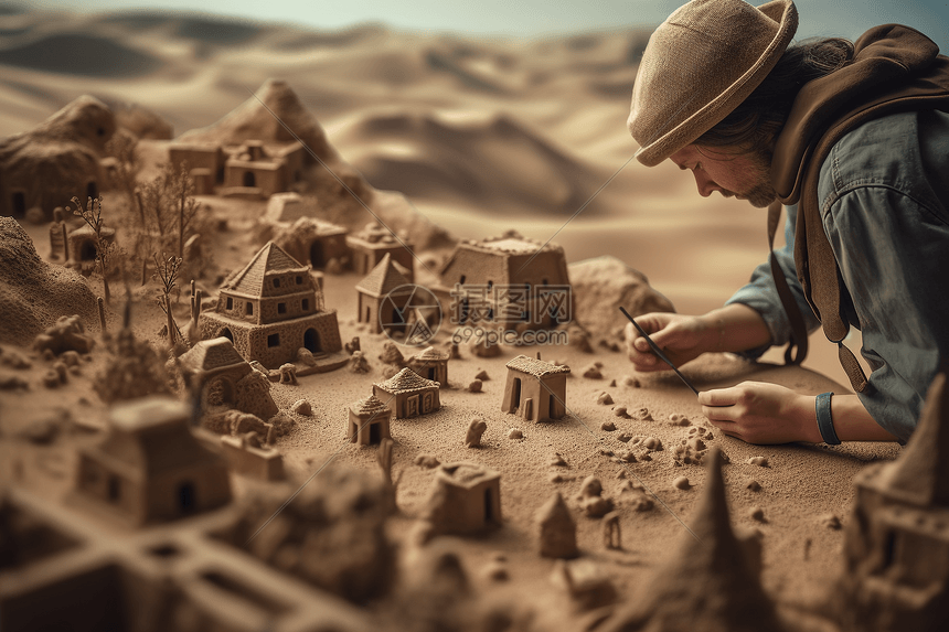 考古学家研究沙漠上的建筑图片