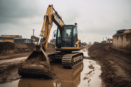 挖掘机在道路上工作图片