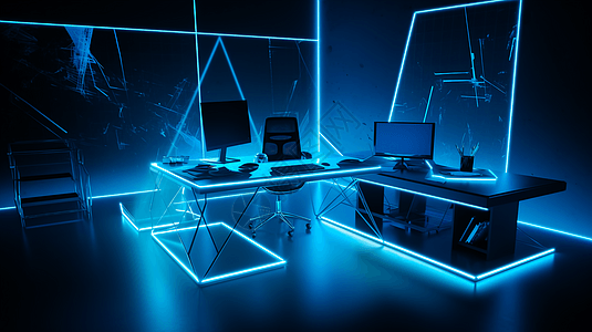 霓虹灯投射蓝色色调的办公室图片