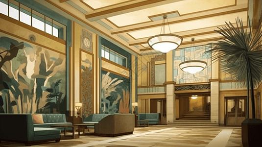 酒店大堂酒店绘画素材高清图片