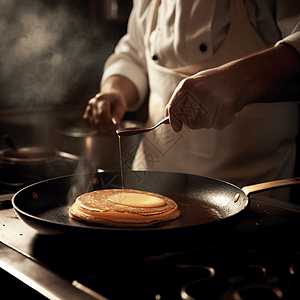 厨师在煎锅里翻煎饼图片