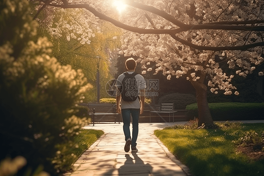 学生在校园公园中漫步图片