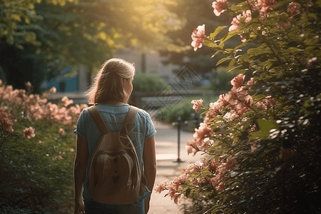 学生在校园公园中漫步图片