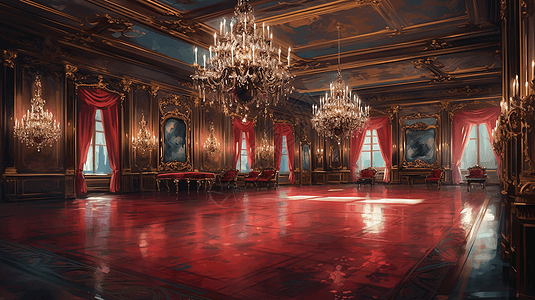 红色地面的高级油画宴会厅图片