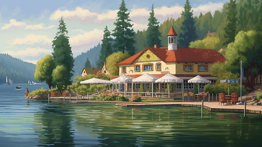 湖边餐厅插画