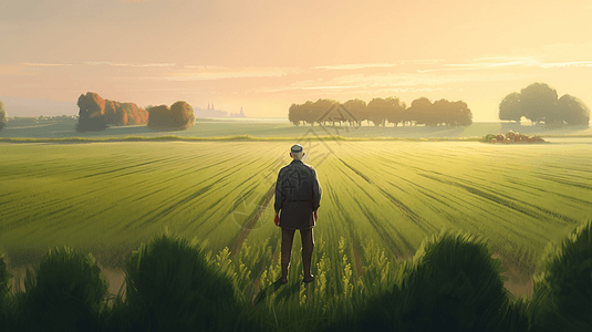 一个农民站在田野尽头背景图片