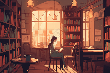 一个女人在咖啡馆里读书图片