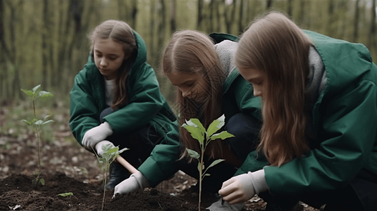 一群小学生在植树图片