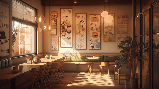 一堵墙配有木质镶板柔软的座椅和一堵有趣的插图墙奶茶店设计图片