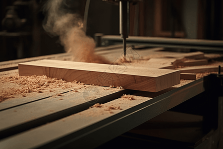 木材厂锯木头特写图片