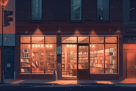 柔和灯光下的书店图片