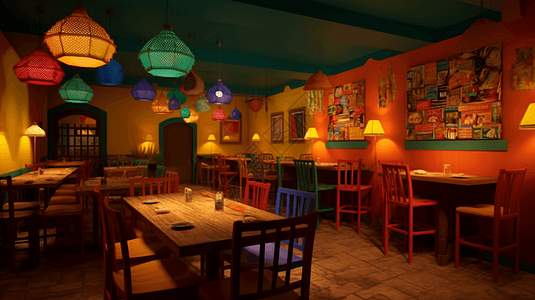 餐桌背景灯光明亮的拉丁音乐餐厅插画
