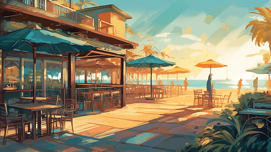 海边温馨餐厅油画图片