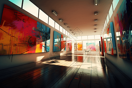 充满当代艺术的展览室的抽象和创意视图，具有不同寻常的角度和颜色，以及对光影的大胆而醒目的使用。(插图)，高清图片