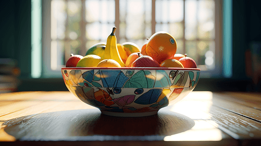 台面上彩色的水果碗背景图片