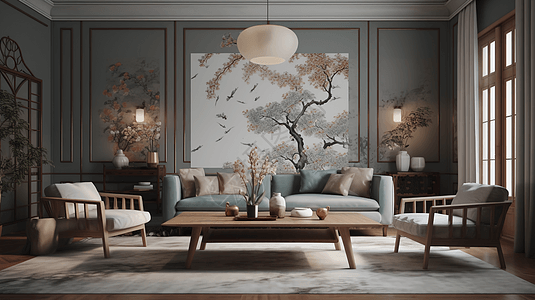 中式客厅中式风格明亮客厅插画