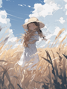 稻田中的女孩手绘图片